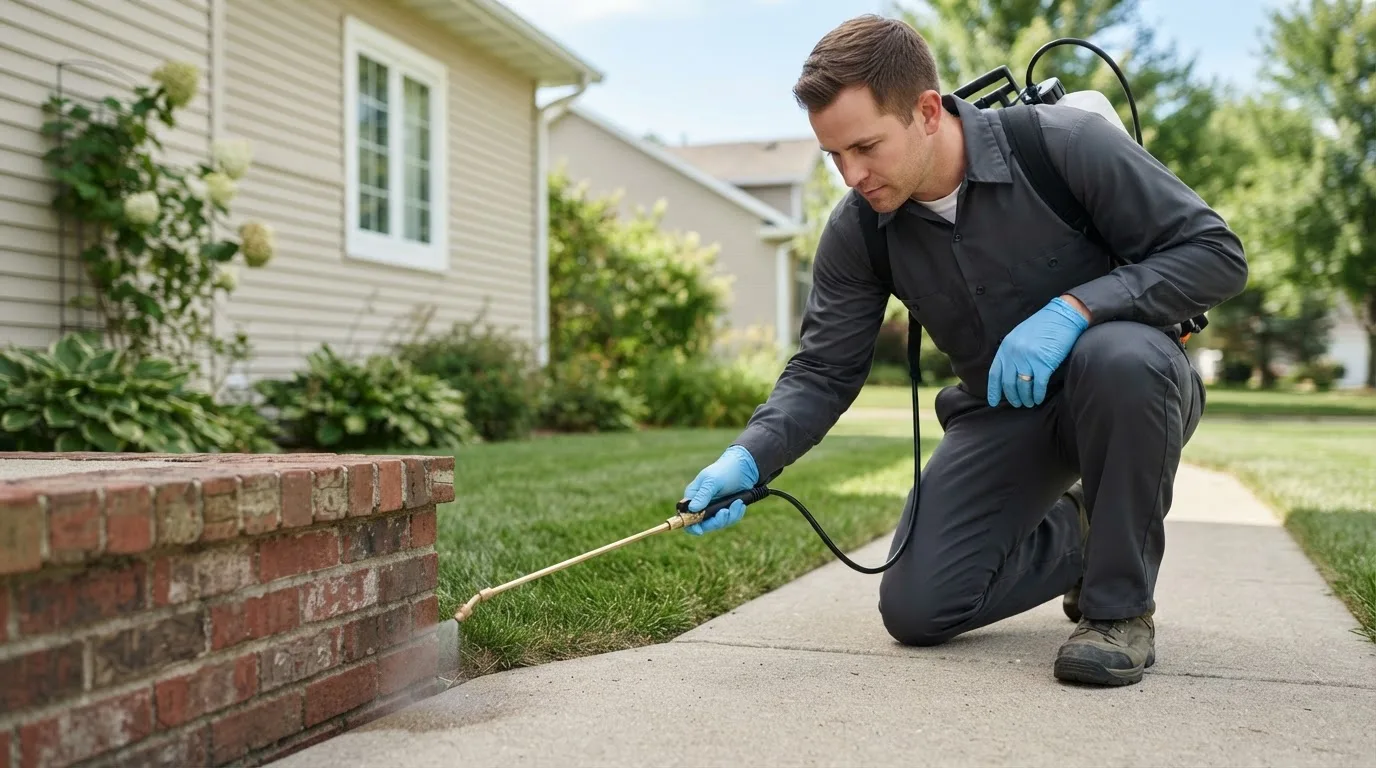 Pest control technician treating a home near Spencerville, OH