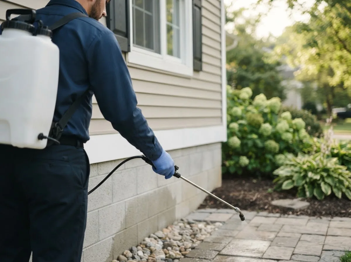 Pest control technician inspecting a home in Spencerville, OH